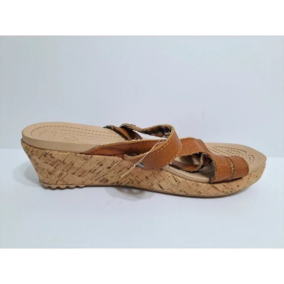 Crocs A-leigh Women's 9 Wedge Sandals Brown Leather Cork Strappy - Picture 3 of 10